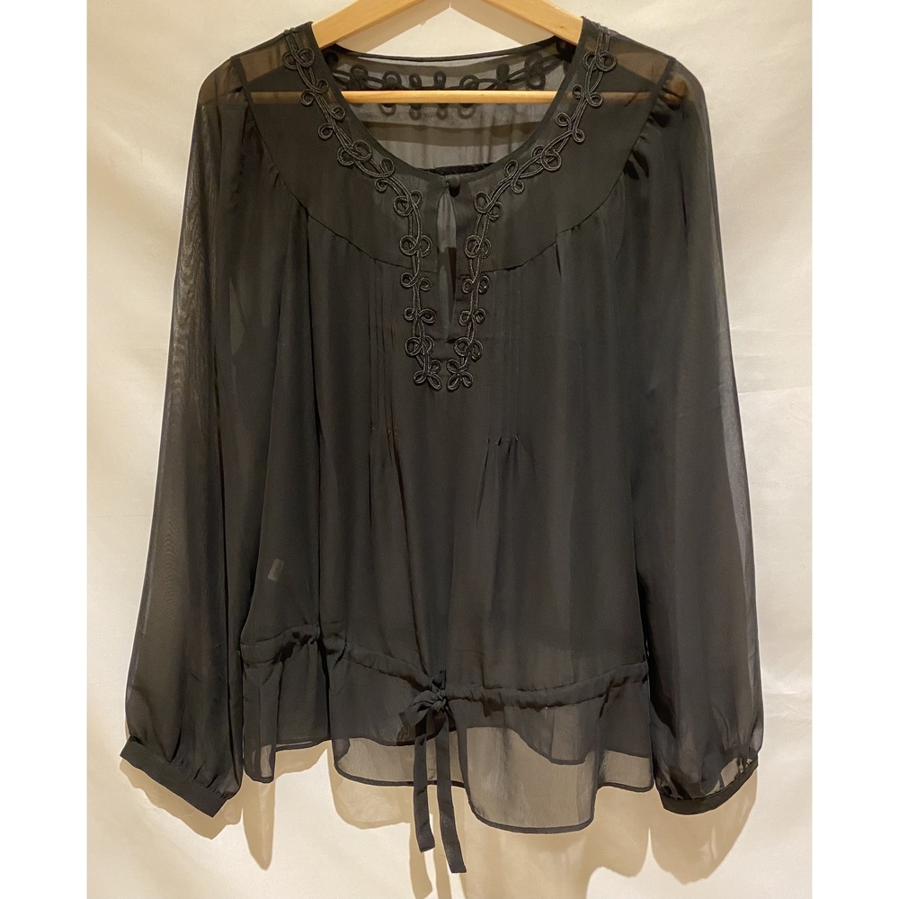 LOFT Sheer Black Chiffon Top with Embroidered Keyhole Neckline